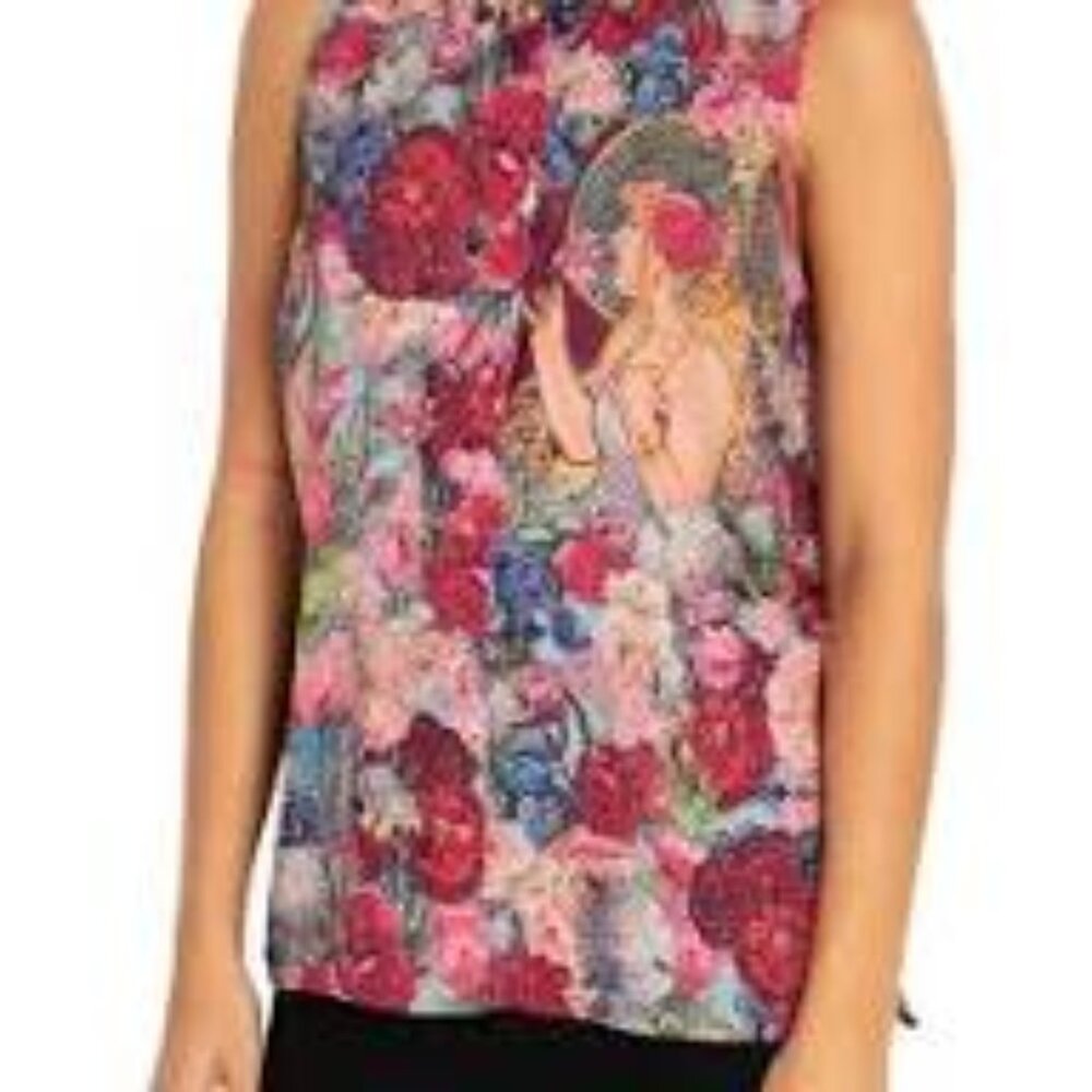 Fragrance Of Violets  Pink red Art Nouveau Sleeveless blouse NWT